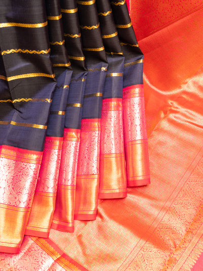 Midnight Blue Stripes Magenta Korvai Kanchipuram Silk Saree - Clio Silks