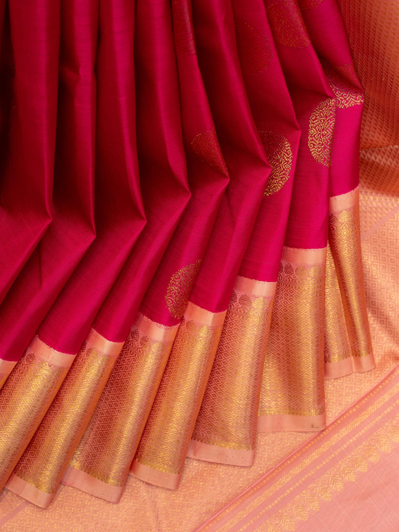 Magenta and baby pink pure Kanchipuram silk saree