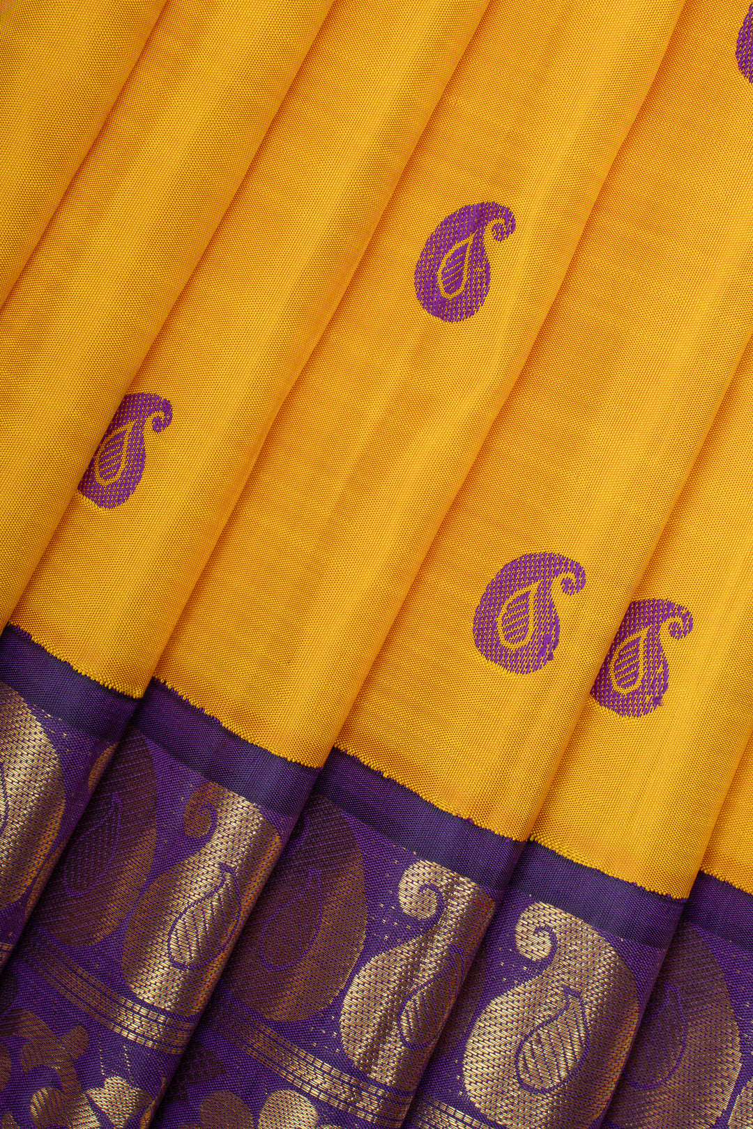 Yellow and pruple paisley  pure kanchipuram silk saree