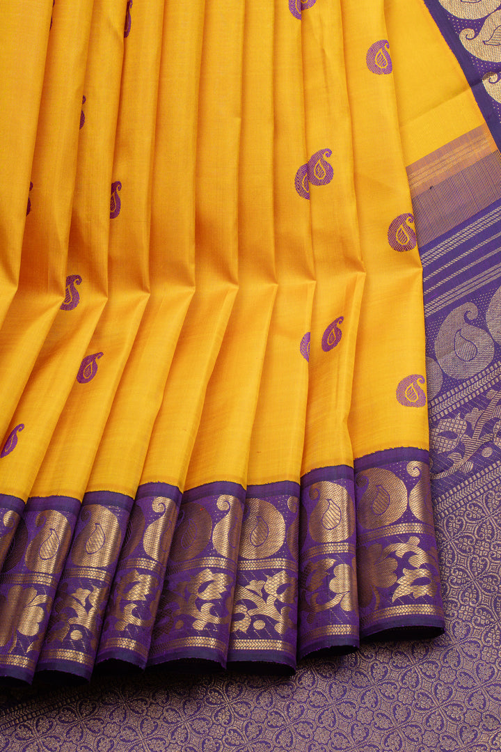 Yellow and pruple paisley  pure kanchipuram silk saree