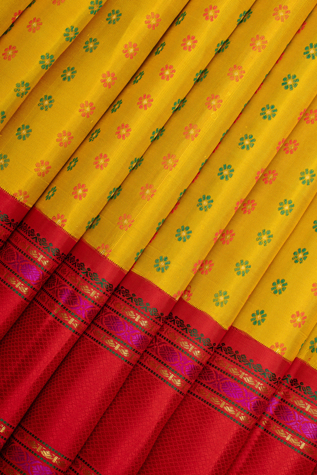 Lime Yellow and Red Meenakari Pure Kanchipuram Silk Saree
