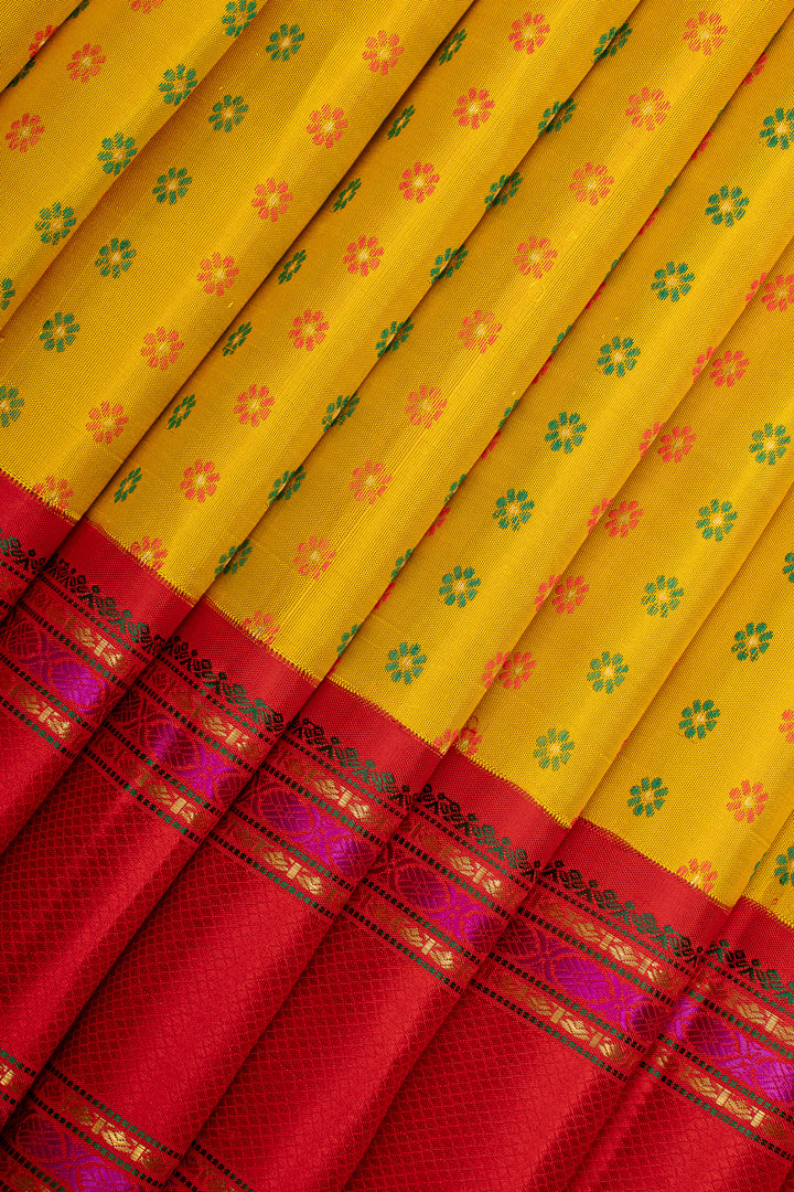 Lime Yellow and Red Meenakari Pure Kanchipuram Silk Saree