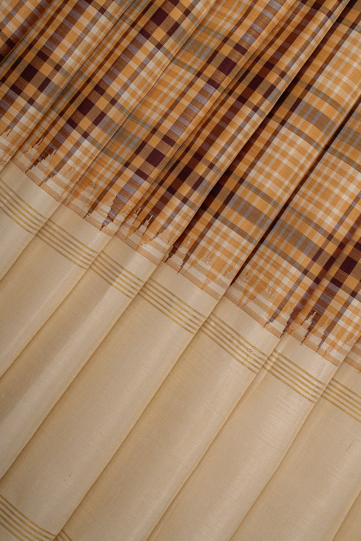 Mustard and Brown Vintage Multi Checks Pure Kanchipuram Silk Saree