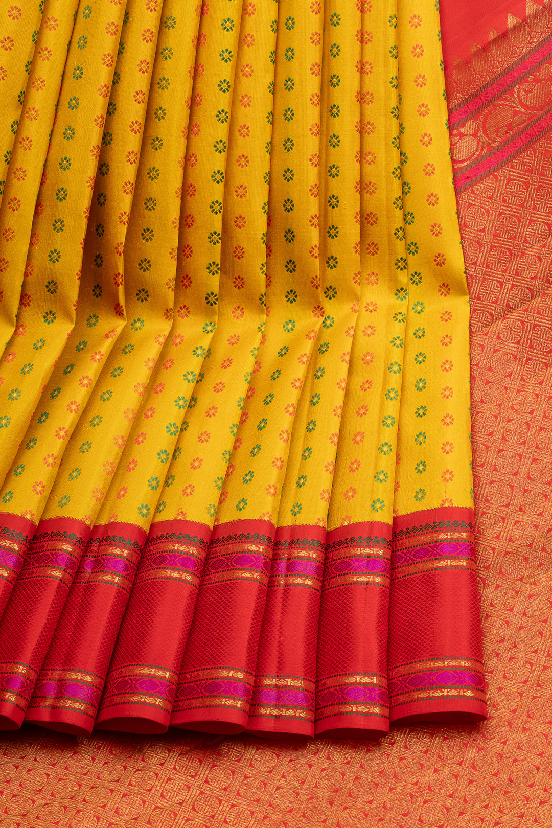 Lime Yellow and Red Meenakari Pure Kanchipuram Silk Saree