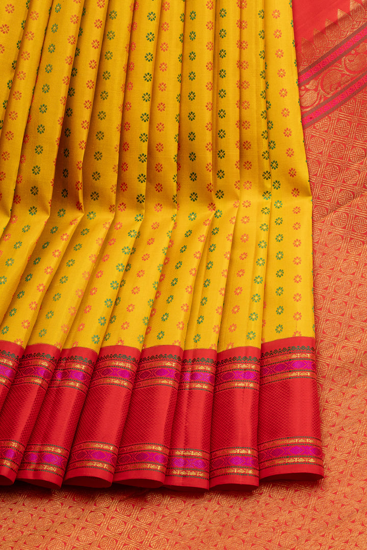 Lime Yellow and Red Meenakari Pure Kanchipuram Silk Saree