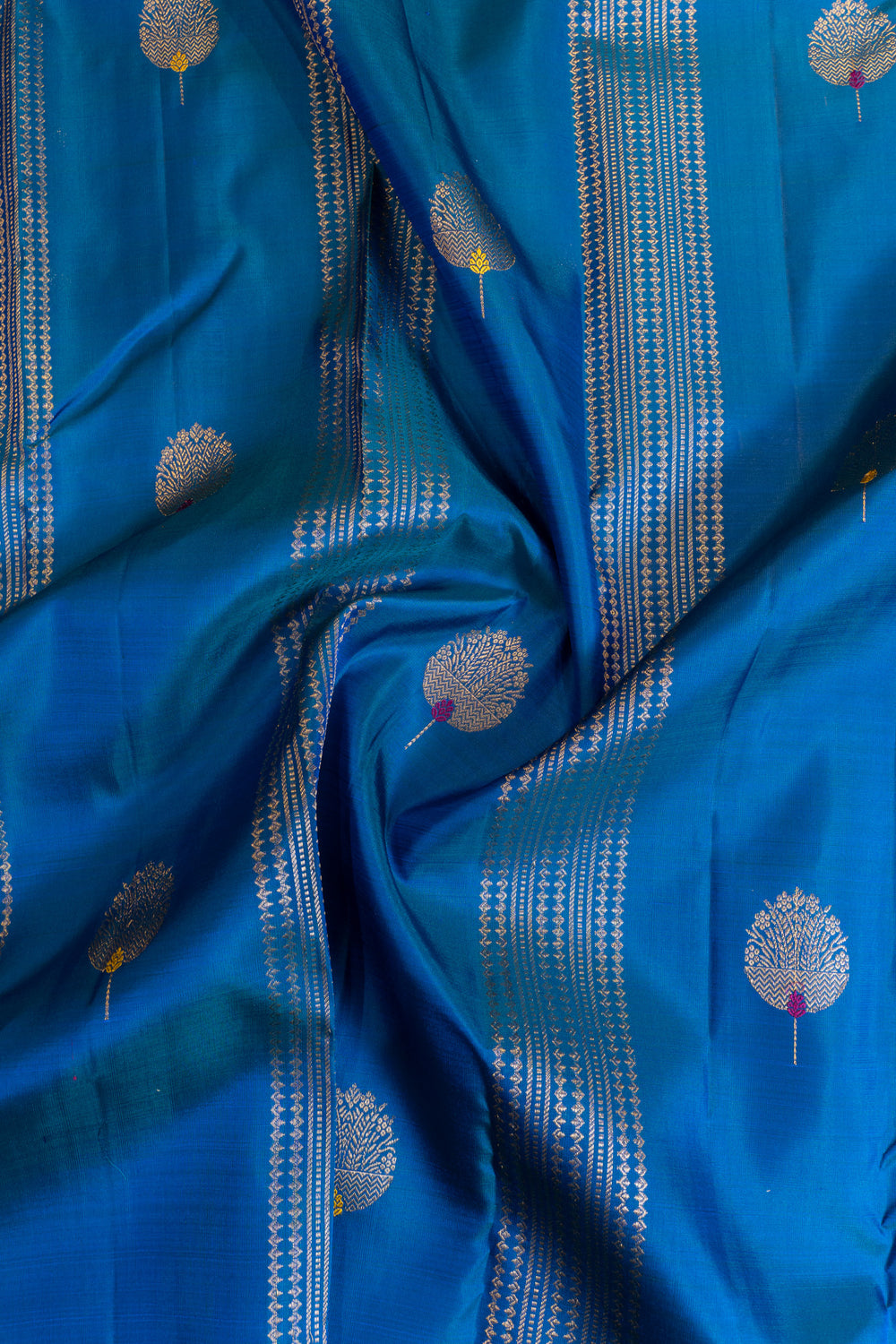 Peacock blue and magenta borderless stripes pure Kanchipuram silk saree