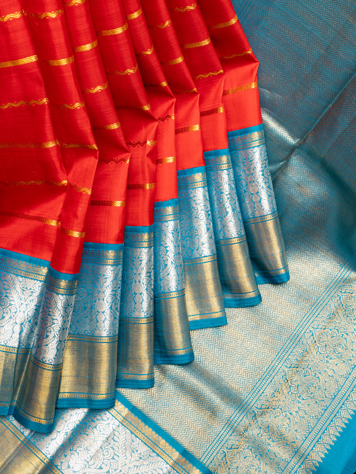 Red Neli Stripes Pure  Kanchipuram Silk Saree - Clio Silks