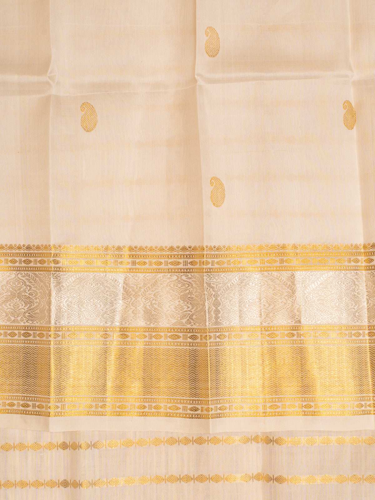 White and Silver Stripes Pure Zari Kanchipuram Silk Saree - Clio Silks