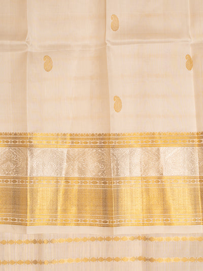 White and Silver Stripes Pure Zari Kanchipuram Silk Saree - Clio Silks