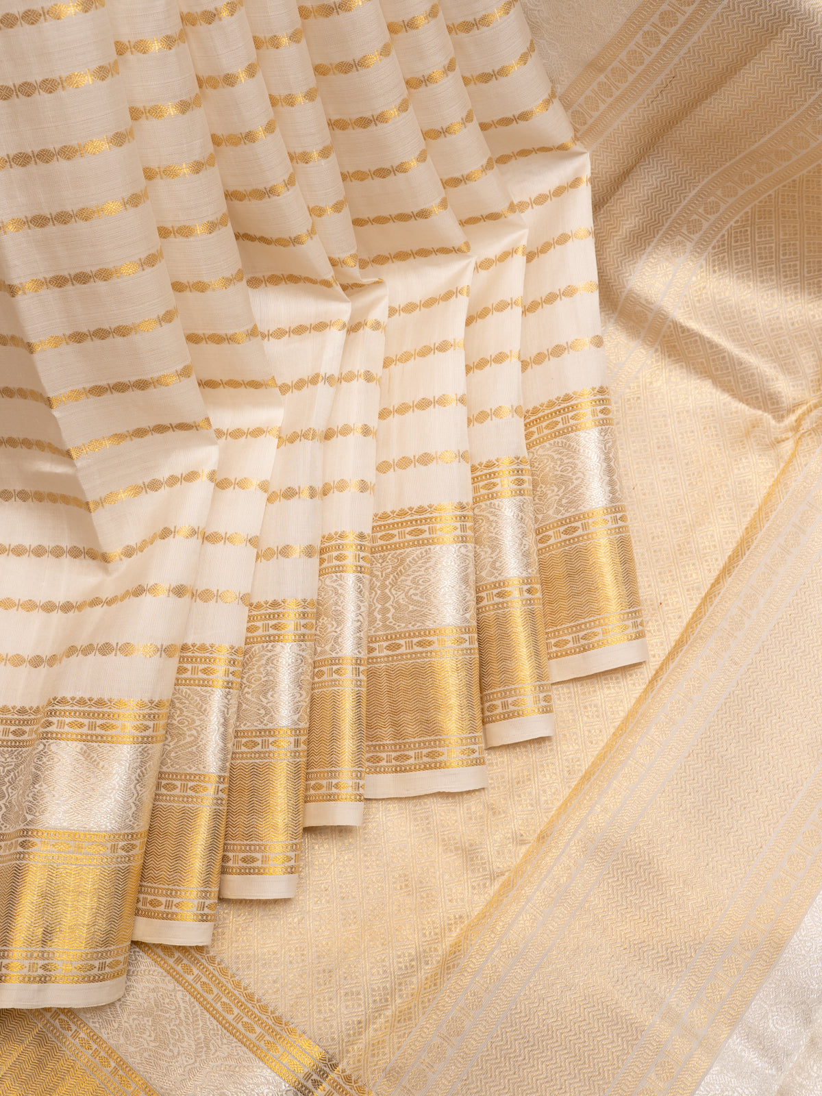 White and Silver Stripes Pure Zari Kanchipuram Silk Saree - Clio Silks