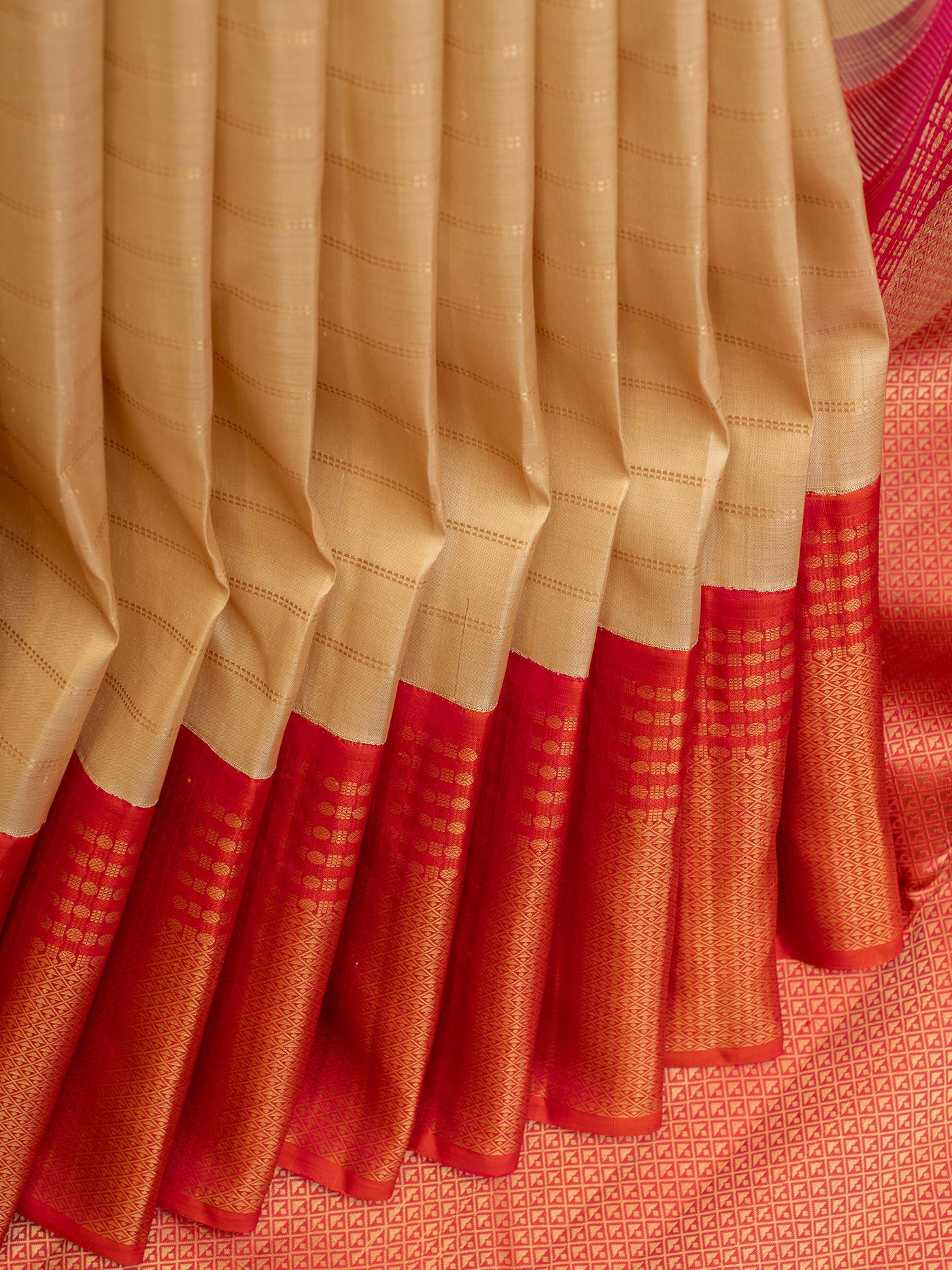 Almond beige stripes pink pattu pettu pure Kanchipuram silk saree