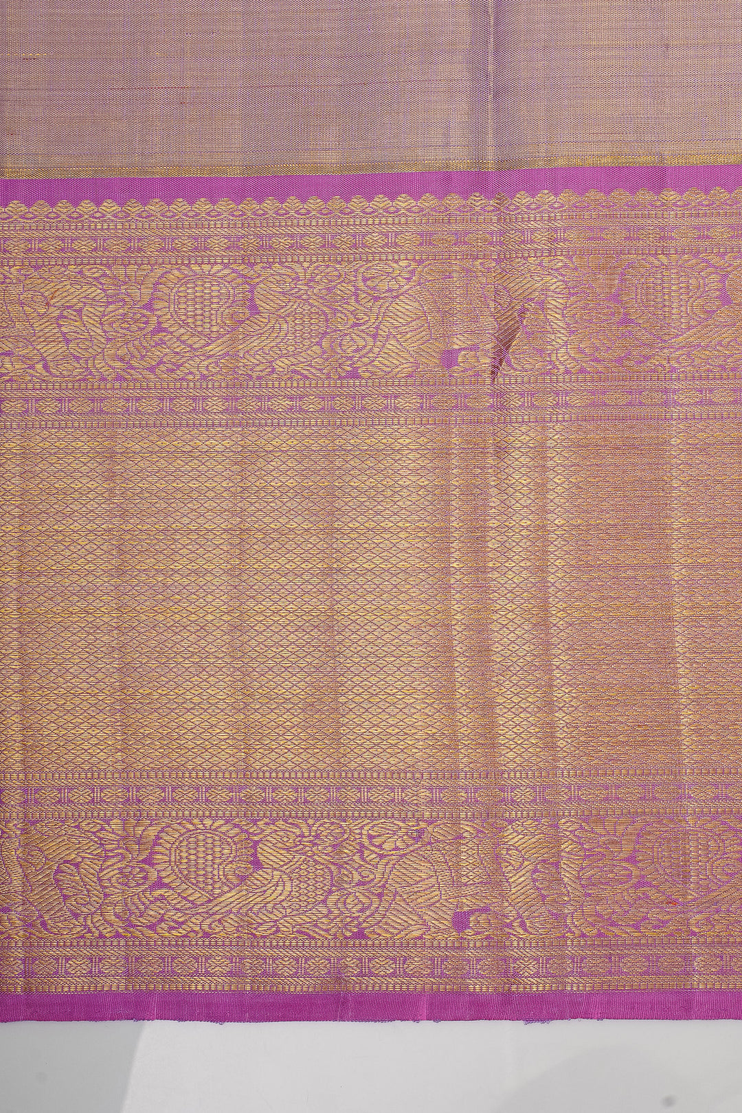 Champagne Gold and Pink Vanasingaram Tissue Brocade Pure Kanchipuram Silk Saree