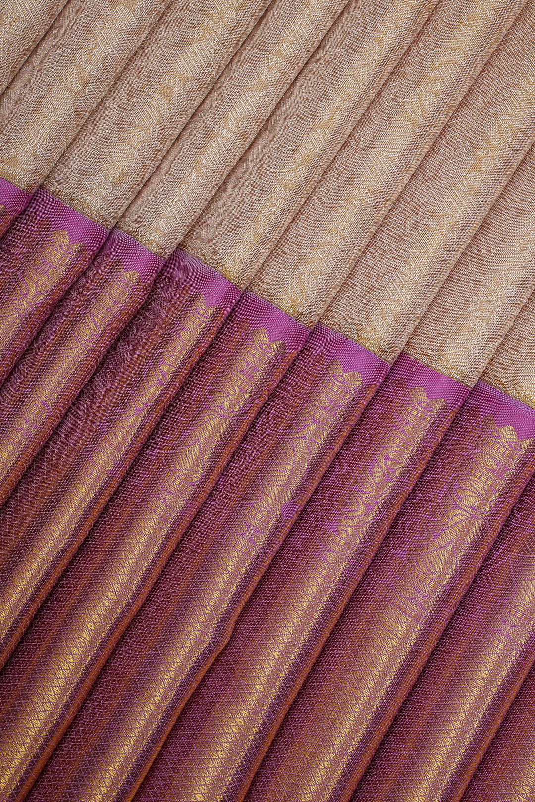 Champagne Gold and Pink Vanasingaram Tissue Brocade Pure Kanchipuram Silk Saree