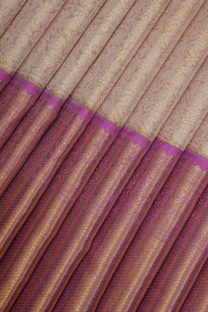 Champagne Gold and Pink Vanasingaram Tissue Brocade Pure Kanchipuram Silk Saree