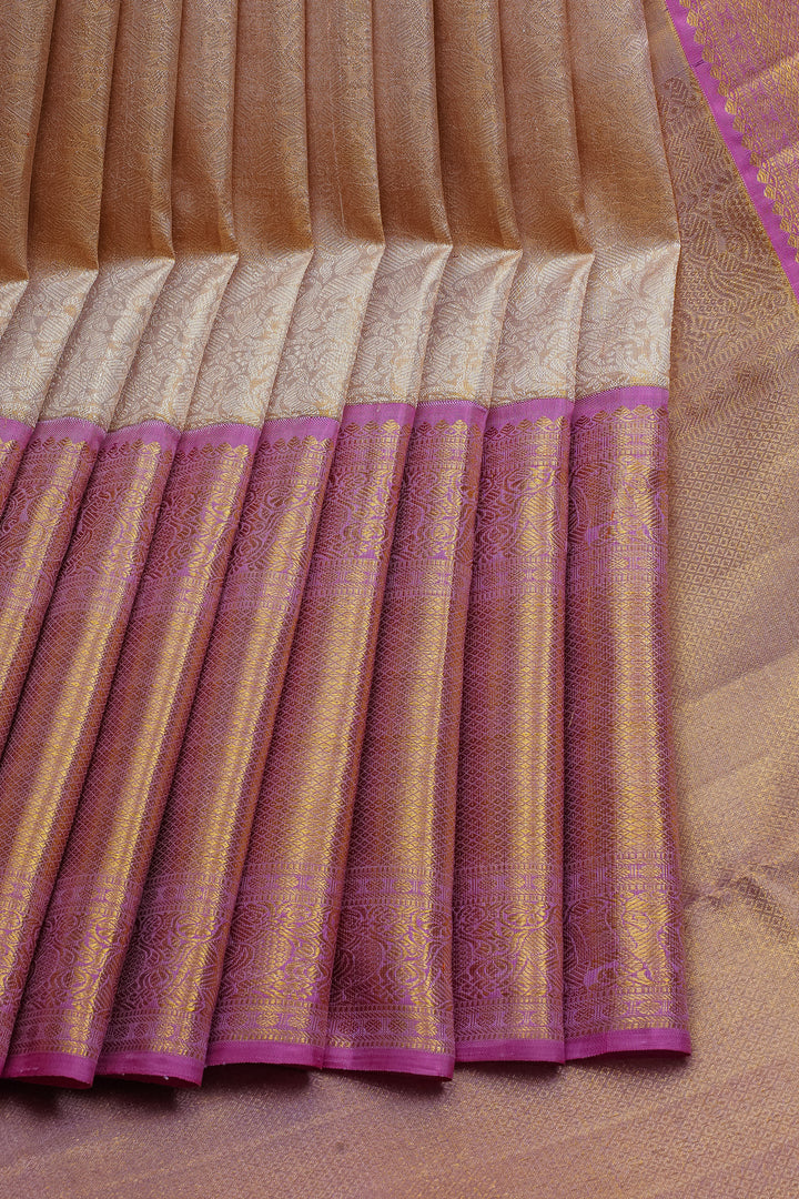 Champagne Gold and Pink Vanasingaram Tissue Brocade Pure Kanchipuram Silk Saree
