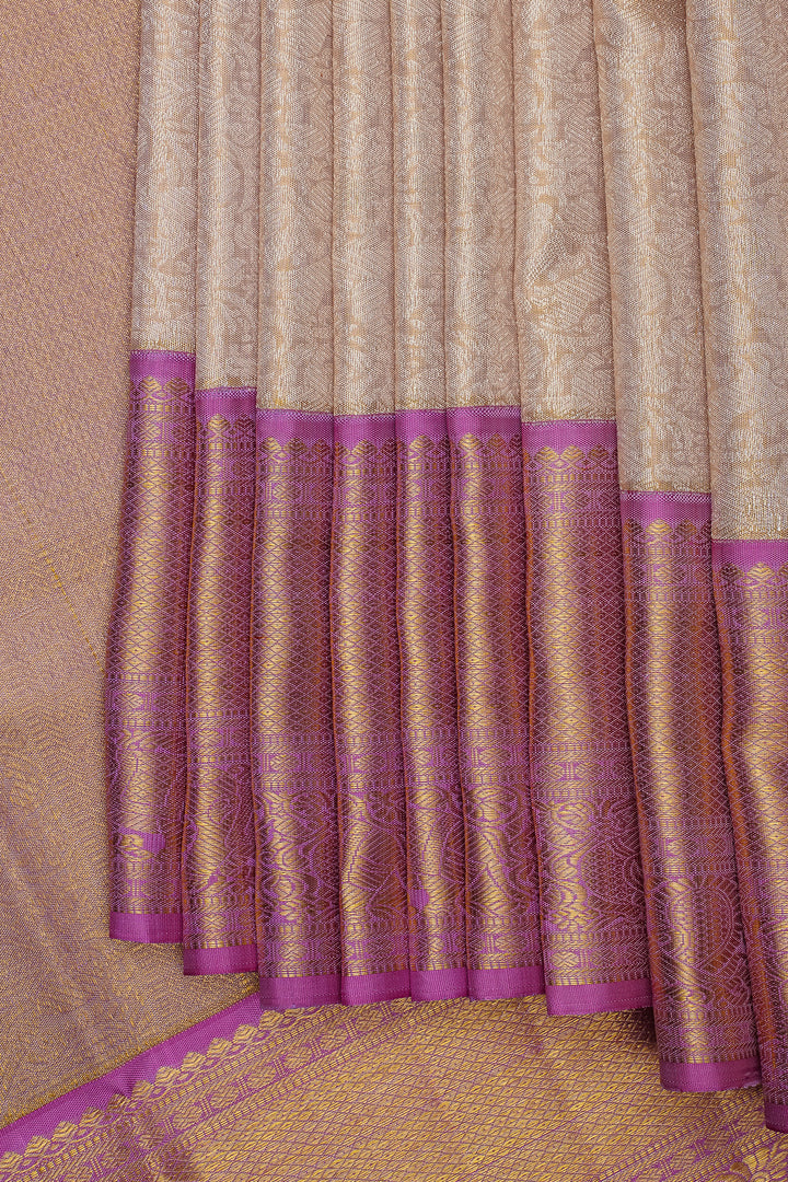 Champagne Gold and Pink Vanasingaram Tissue Brocade Pure Kanchipuram Silk Saree