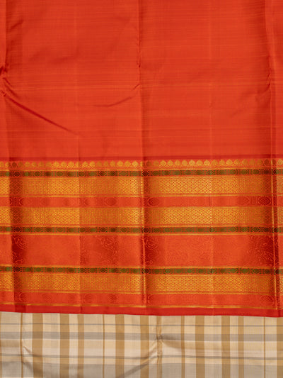 Cream and grey multi checks varaisaipettu pure zari Kanchipuram silk saree