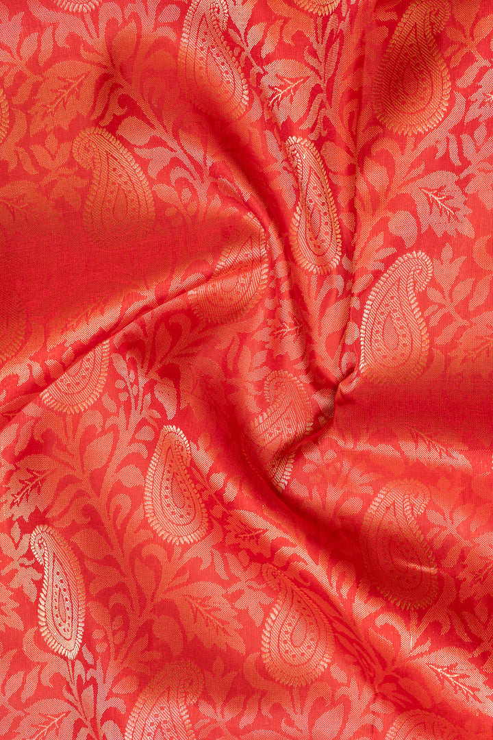 Red Paisley Floral Brocade Kanchipuram Silk Saree - Clio Silks