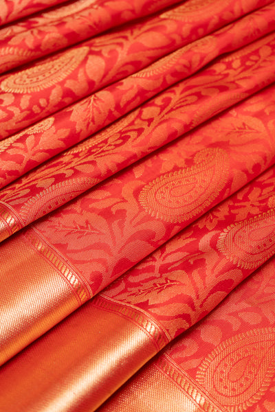 Red Paisley Floral Brocade Kanchipuram Silk Saree - Clio Silks