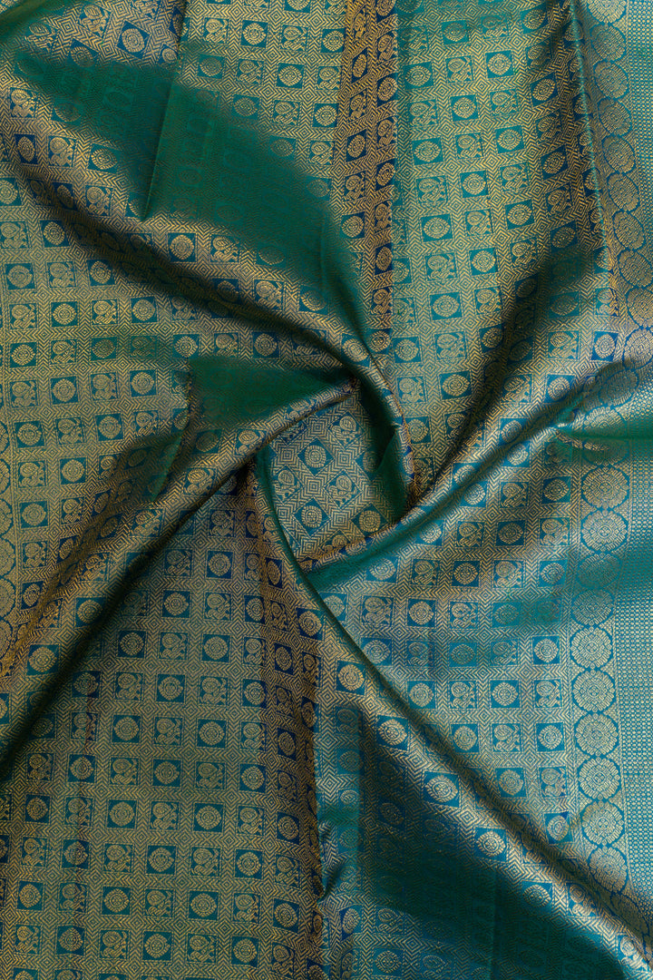 Peacock blue temple border pure Kanchipuram silk saree