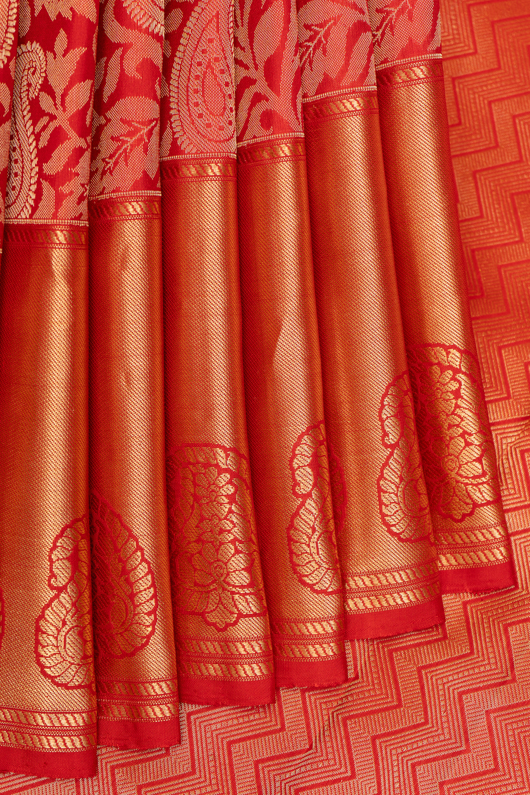 Red Paisley Floral Brocade Kanchipuram Silk Saree - Clio Silks