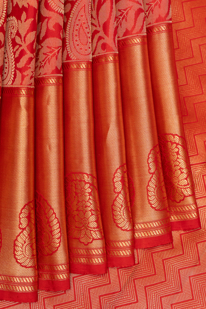 Red Paisley Floral Brocade Kanchipuram Silk Saree - Clio Silks