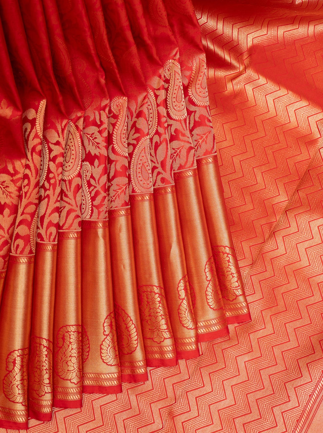 Red Paisley Floral Brocade Kanchipuram Silk Saree - Clio Silks
