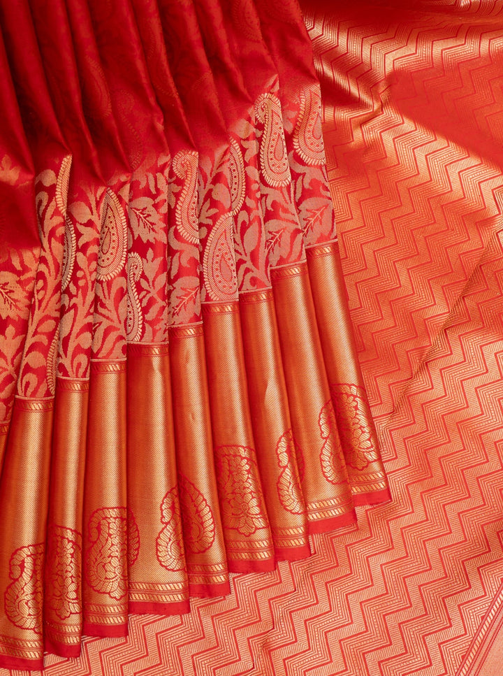 Red Paisley Floral Brocade Kanchipuram Silk Saree - Clio Silks