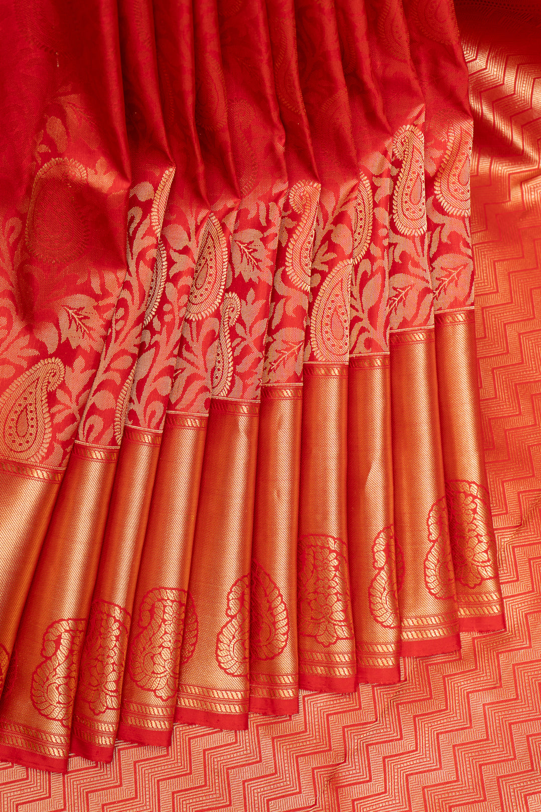 Red Paisley Floral Brocade Kanchipuram Silk Saree - Clio Silks