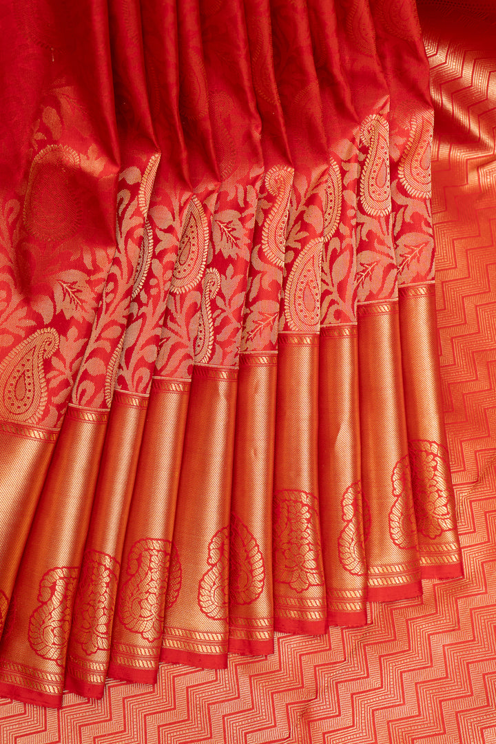 Red Paisley Floral Brocade Kanchipuram Silk Saree - Clio Silks