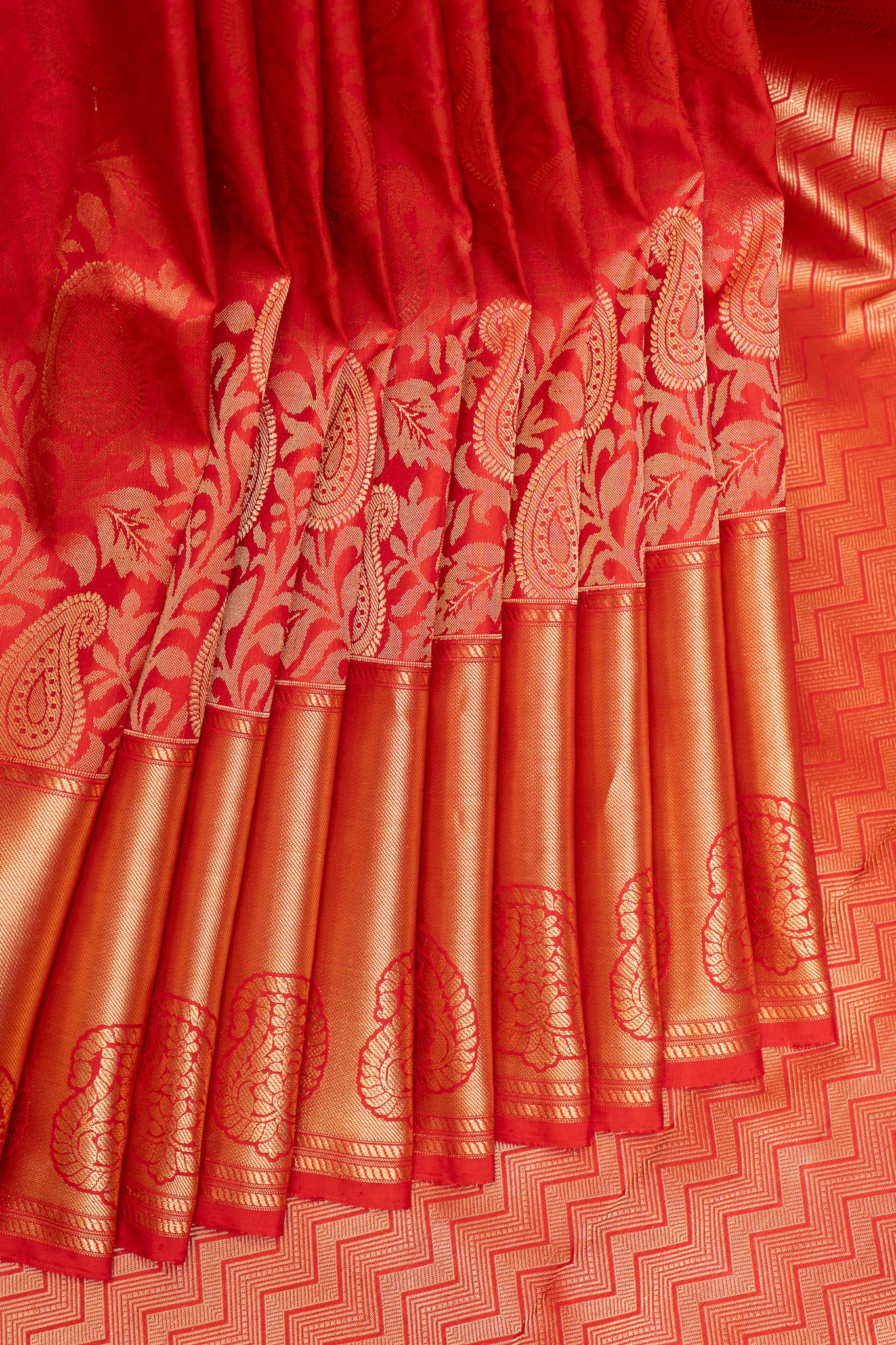Red Paisley Floral Brocade Kanchipuram Silk Saree - Clio Silks