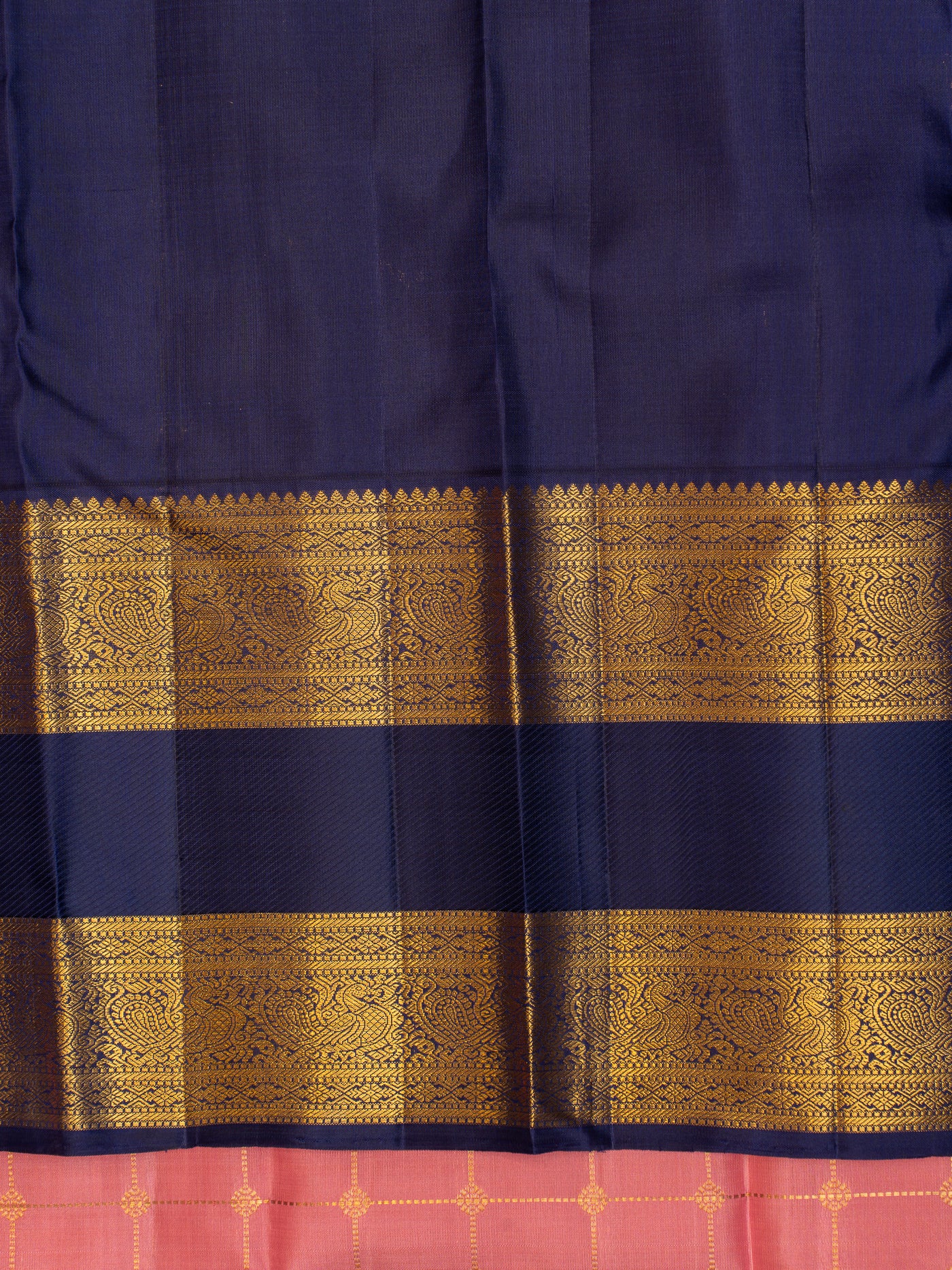 Lotus pink and pink indigo blue pure zari rettai pettu Kanchipuram silk saree