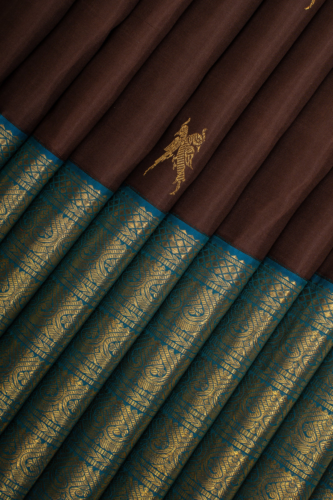 Brown and Peacock Blue Varisaipettu Pure Kanchipuram Silk Saree
