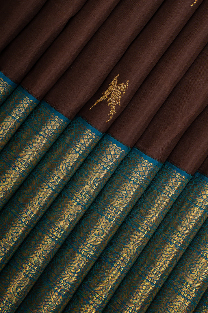 Brown and Peacock Blue Varisaipettu Pure Kanchipuram Silk Saree