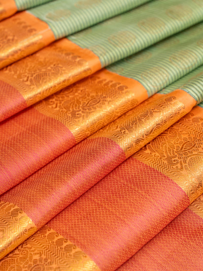 Sage Green Stripes Pure Zari Kanchipuram Silk Saree - Clio Silks