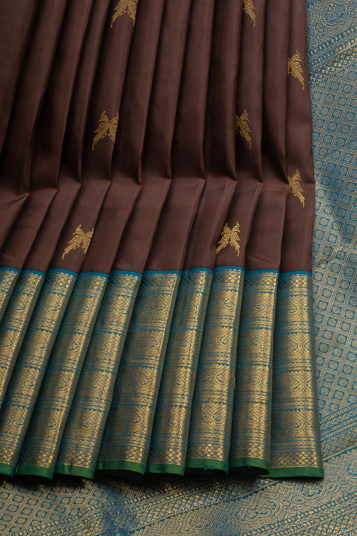 Brown and Peacock Blue Varisaipettu Pure Kanchipuram Silk Saree