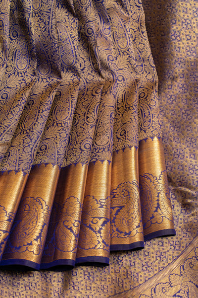 Dark blue paisley brocade pure Kanchipuram silk saree