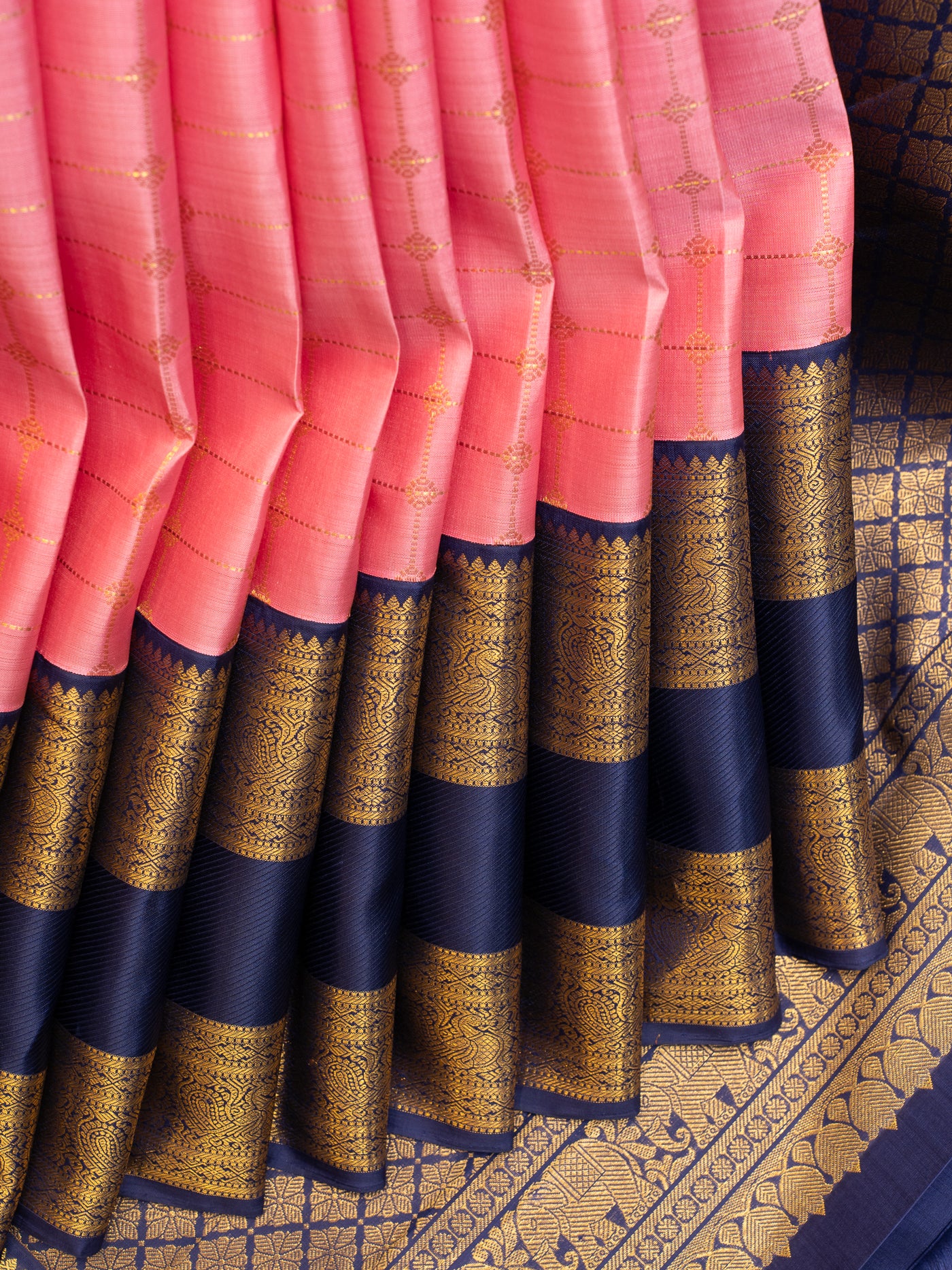 Lotus pink and pink indigo blue pure zari rettai pettu Kanchipuram silk saree