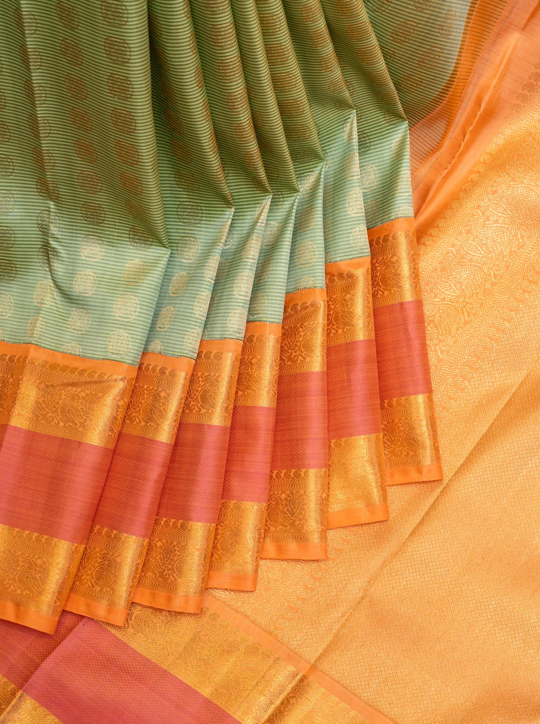 Sage Green Stripes Pure Zari Kanchipuram Silk Saree - Clio Silks