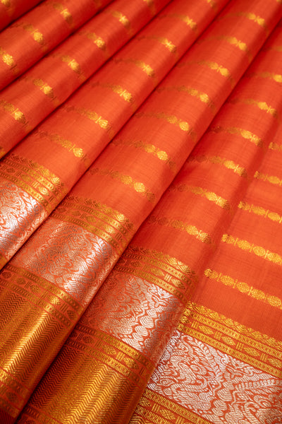 Rust Orange Zari Stripes Pure Kanchipuram Silk Saree - Clio Silks
