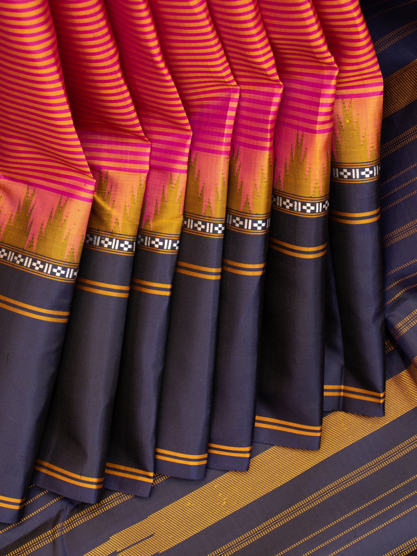 Pink and navy blue stripes without zari pure Kanchipuram silk saree