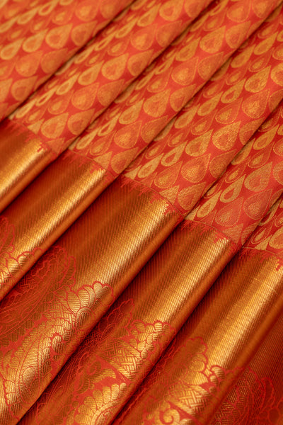 Orange rain drop brocade pure Kanchipuram silk saree