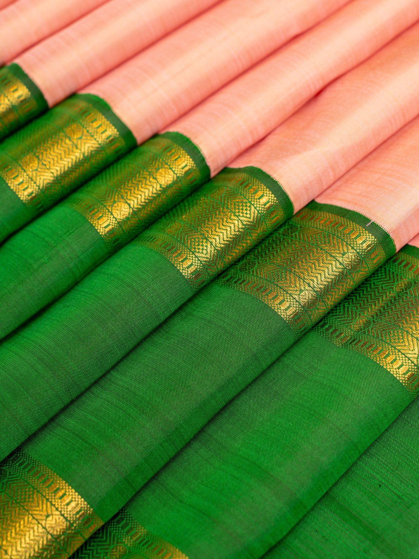 Lotus pink and green pure zari rettai pettu pure Kanchipuram silk saree