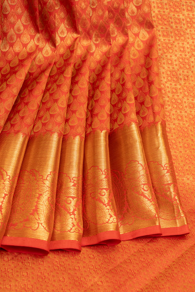 Orange rain drop brocade pure Kanchipuram silk saree