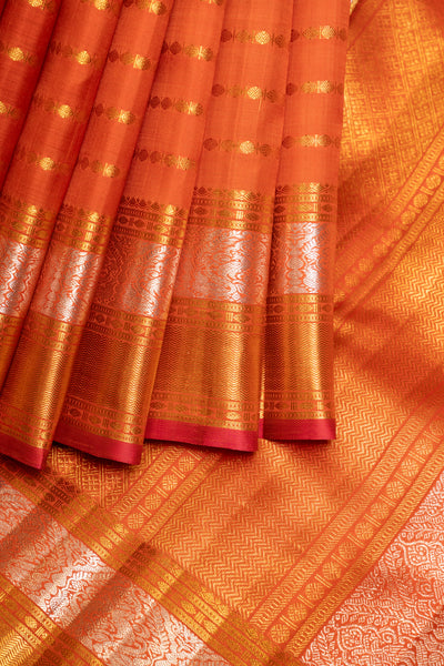 Rust Orange Zari Stripes Pure Kanchipuram Silk Saree - Clio Silks
