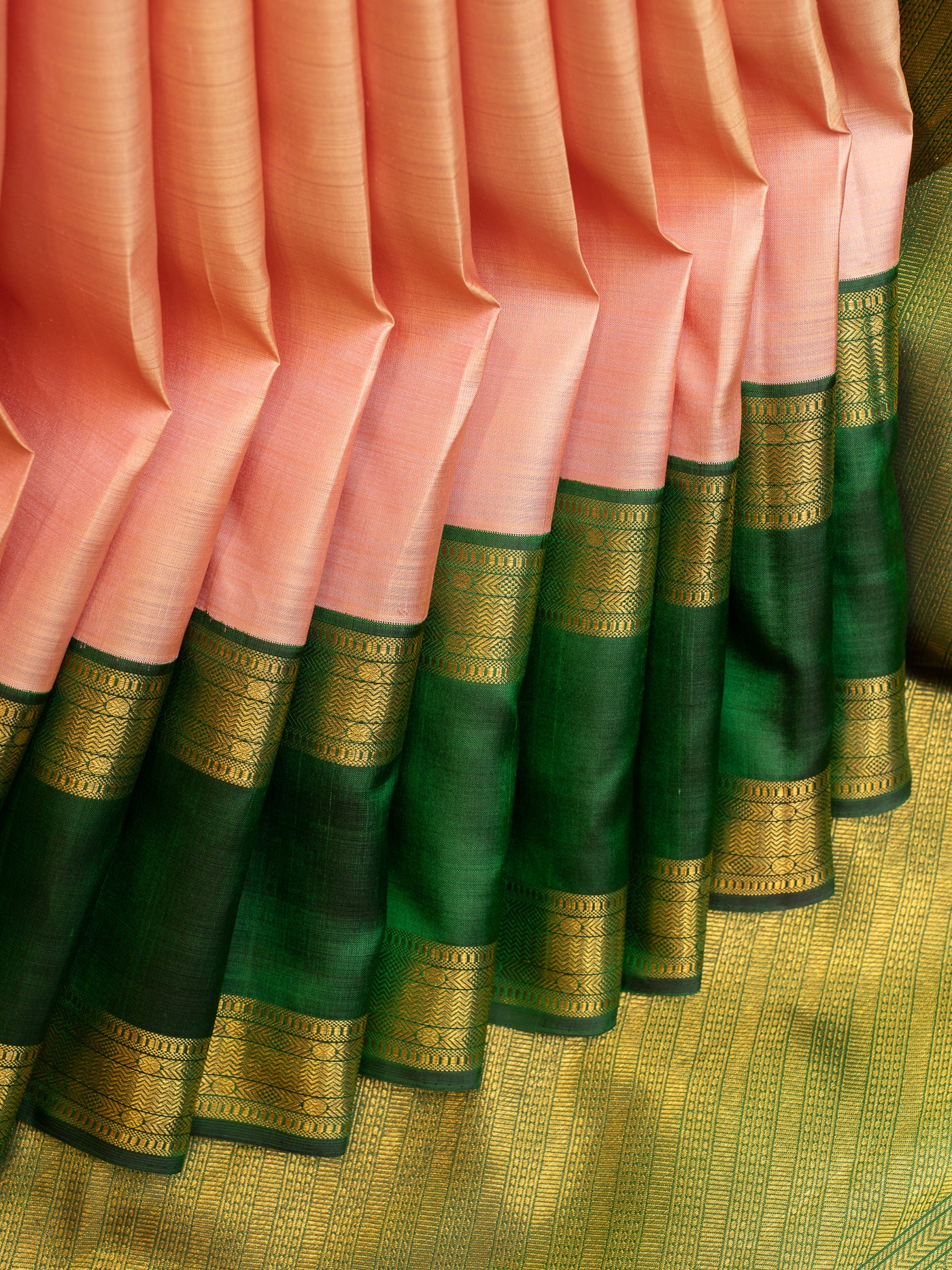 Lotus pink and green pure zari rettai pettu pure Kanchipuram silk saree