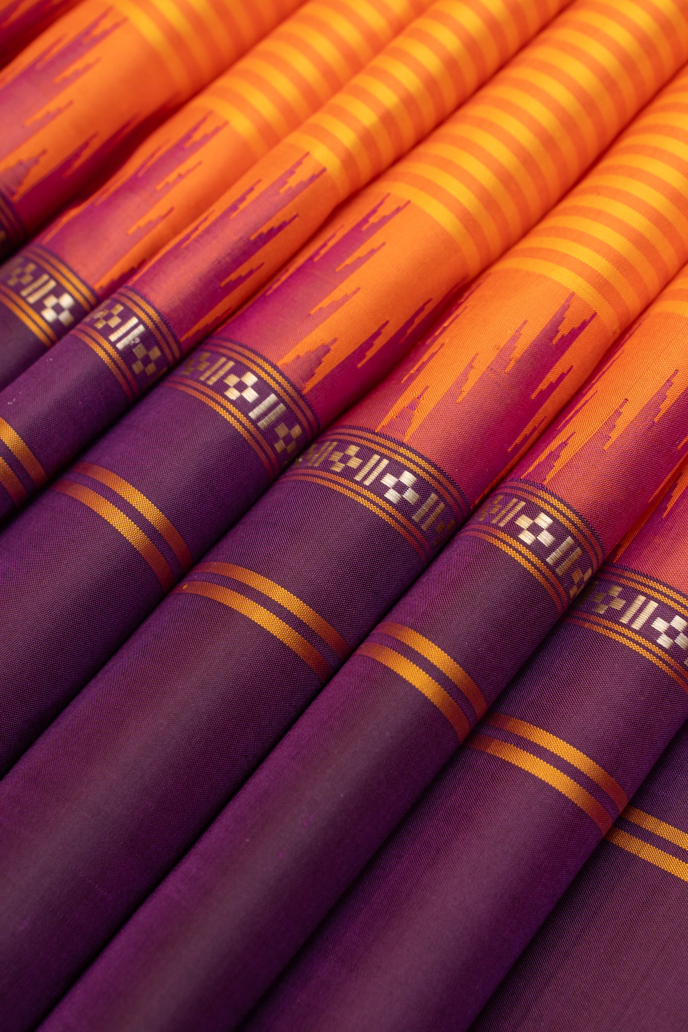 Orange and purple stripes without zari pure Kanchipuram silk saree