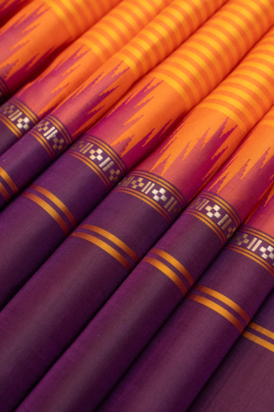 Orange and purple stripes without zari pure Kanchipuram silk saree