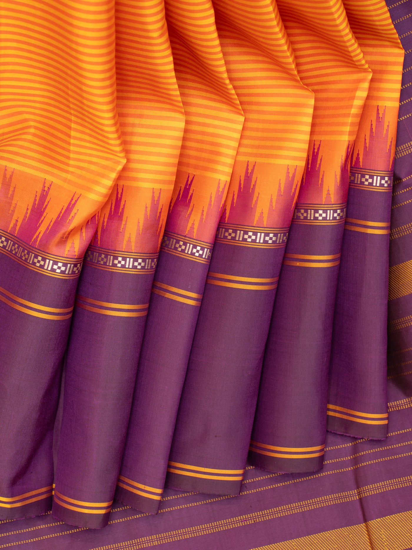 Orange and purple stripes without zari pure Kanchipuram silk saree