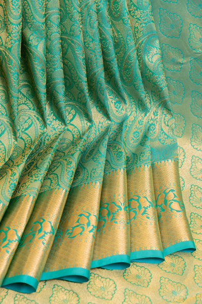 Can blue paisley brocade pure Kanchipuram silk saree